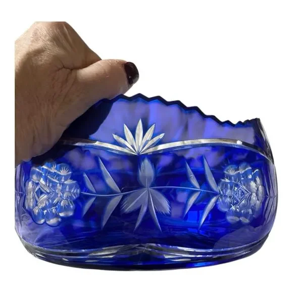 Vintage Cobalt Blue Cut Crystal Bowl Bohemian Style Floral Overlay Heavy Glass - Picture 3 of 3